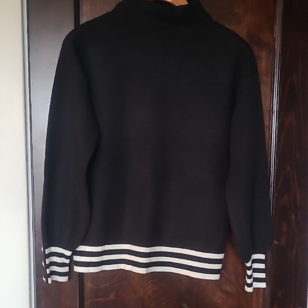Womens Black Crewneck Sweater with White Stripe Hem